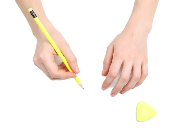 Mains humaines avec crayon et gomme gomme, isolées sur blanc — Photo