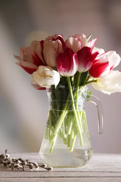 Krásné tulipány ve skleněné konvici na šedém pozadí — Stock fotografie