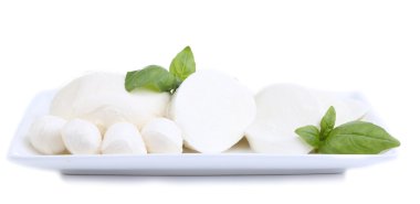lezzetli mozzarella peyniri Fesleğenli plaka üzerinde beyaz izole