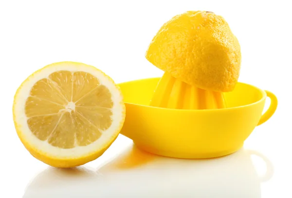 Citrus squeezer with lemons isolated on white — Stock Photo, Image