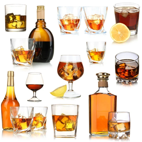 Koláž brandy skleničkám s kostkami ledu, izolované na bílém — Stock fotografie