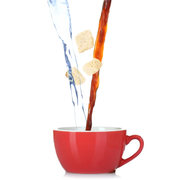 Pouring water, coffee into cup isolated on white — Stock Photo, Image