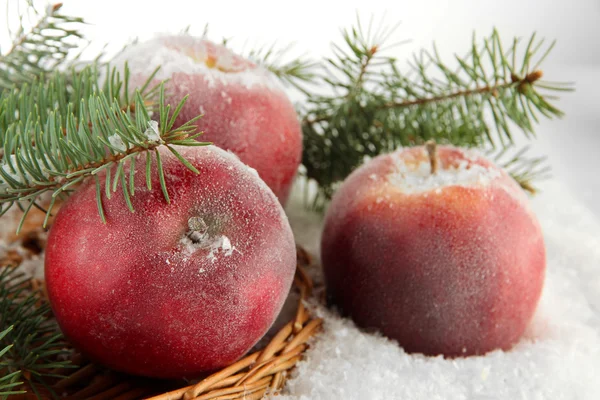 雪の上の枝編み細工品スタンドにモミの枝と赤いりんごをクローズ アップ — ストック写真
