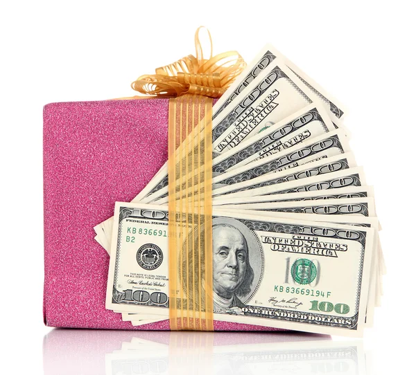 Gift box with money isolated on white — Stock Photo, Image