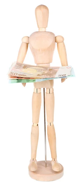 Wooden small mannequin with money isolated on white — Stock Photo, Image