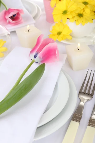 De instelling van de tabel met Lentebloemen close-up — Stockfoto