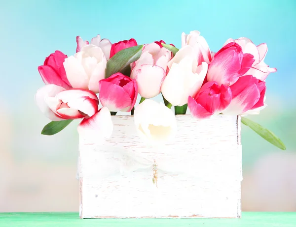 美丽的郁金香，在明亮的背景上的木盒子里 — 图库照片