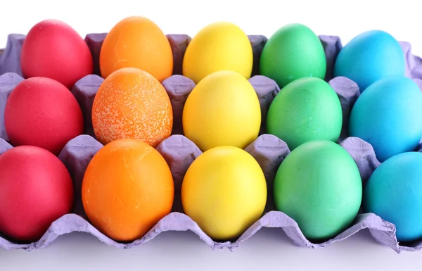 Colorful Easter eggs in tray close up — Stock Photo, Image