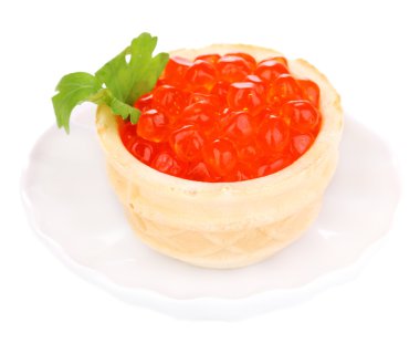 tartı üzerinde beyaz izole küçük beyaz daire içinde kırmızı havyar