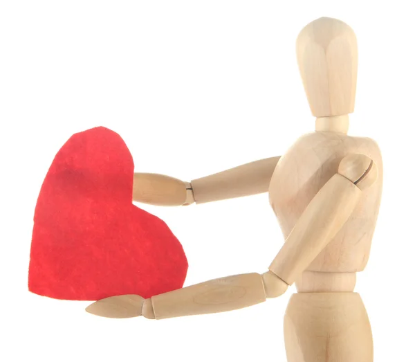 Houten etalagepop houden grote rode hart geïsoleerd op wit — Stockfoto