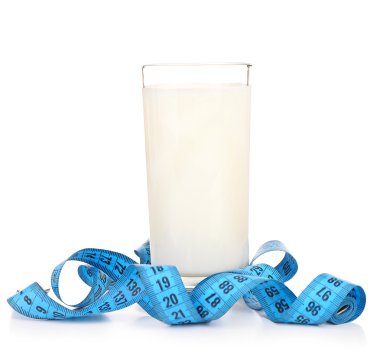 Glass of milk with measuring tape isolated on white clipart