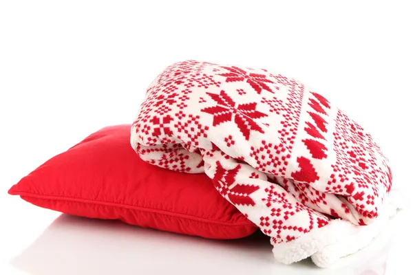 Warm plaid and pillow isolated on white — Stock Photo, Image