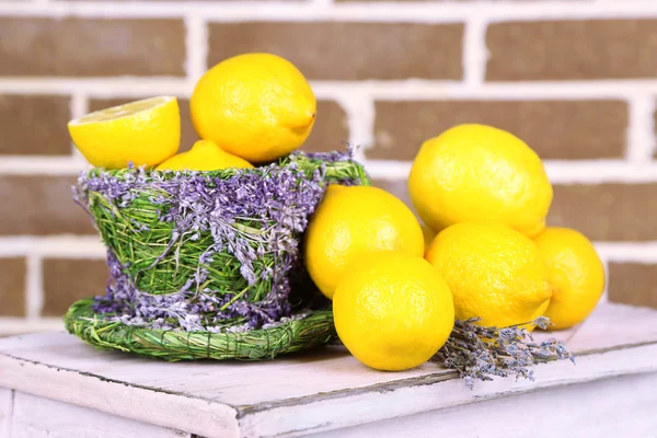 Still life with fresh lemons and lavender — Stock Photo, Image