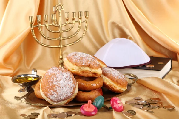 Festive composition for Hanukkah on cloth close-up — Stock Photo, Image