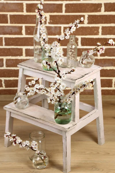 Beautiful apricot blossom in transparent jars on brick wall background — Stock Photo, Image