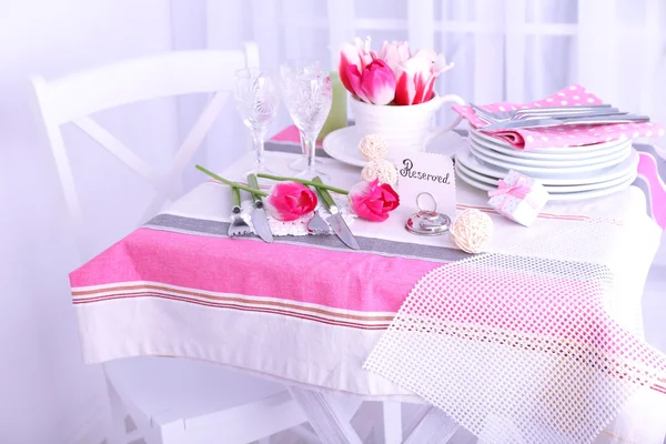 Beautiful spring table setting on light background — Stock Photo, Image
