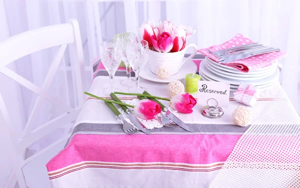Beautiful spring table setting on light background — Stock Photo, Image
