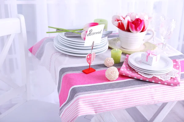 Beautiful spring table setting on light background — Stock Photo, Image