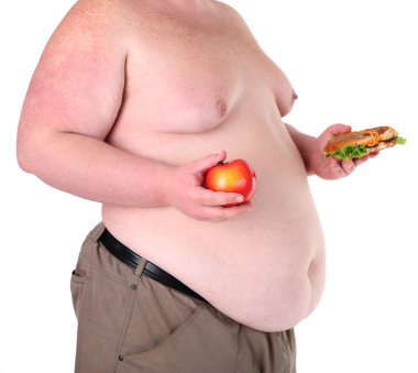 şişman adam sandviç ve apple, üzerinde beyaz izole holding