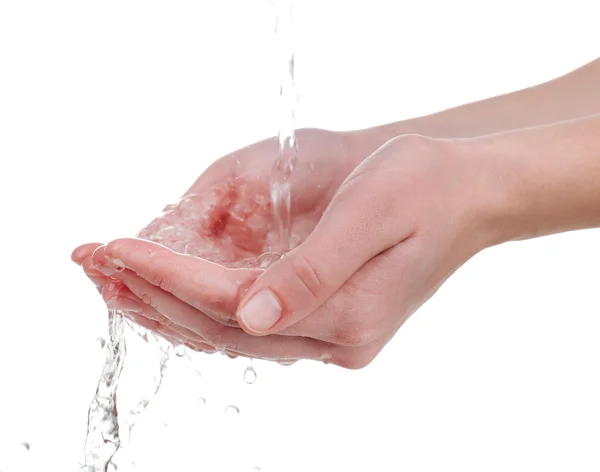 Human hands with water splashing on them isolated on white — Stock Photo, Image