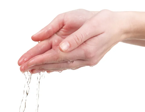 Mãos humanas com água salpicando sobre eles isolados em branco — Fotografia de Stock