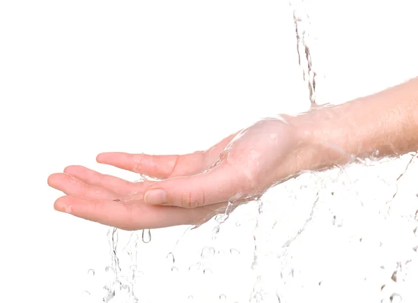 Menselijke hand met water spatten op hen geïsoleerd op wit — Stockfoto