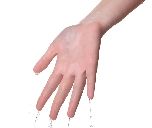 Human hand with water splashing on them isolated on white — Stock Photo, Image