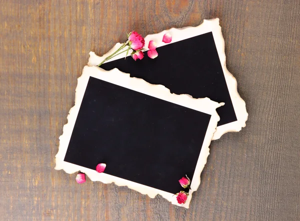 Blank photo paper and beautiful pink dried roses on wooden background — Stock Photo, Image