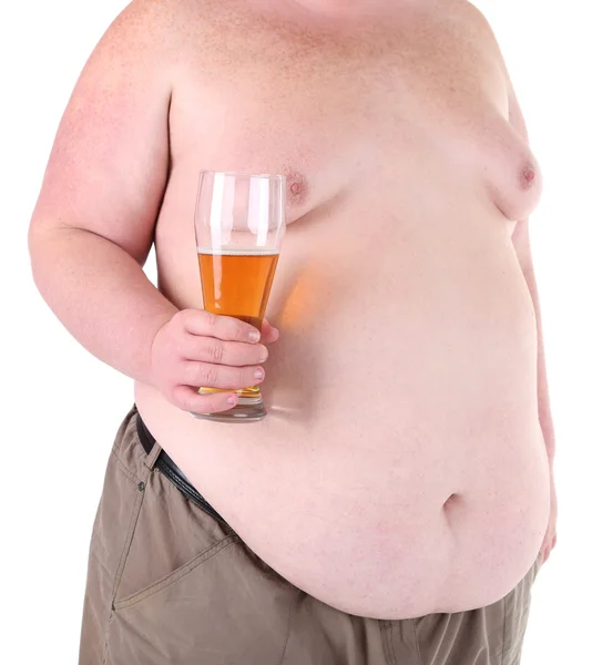 Fat man holding glass of beer, isolated on white Stock Photo