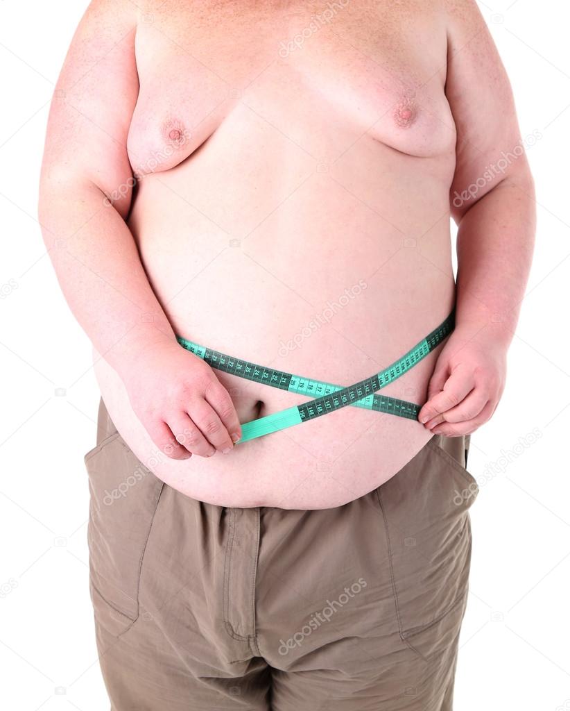 Fat man holding measuring tape. Conceptual photo of weight loss. Isolated on white