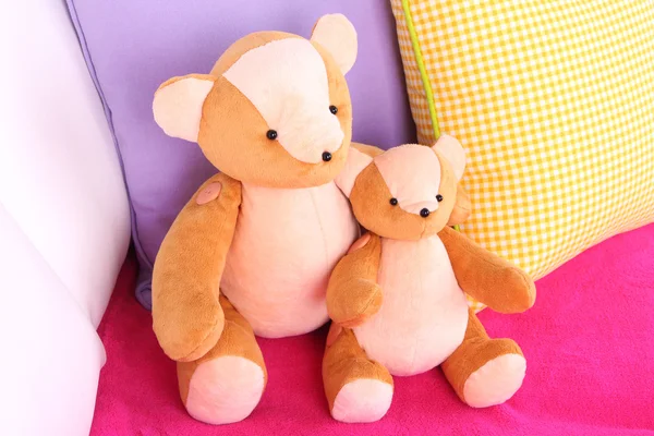 Two bears toy with pillows on sofa — Stock Photo, Image