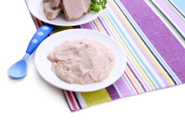 Et hamur bebek, üzerinde beyaz izole renkli peçete üzerinde plaka üzerinde besleme için