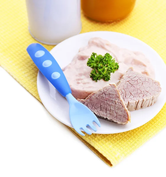 Hús tészta a csecsemő etetése, a lemez, színes szalvéta, elszigetelt fehér — Stock Fotó
