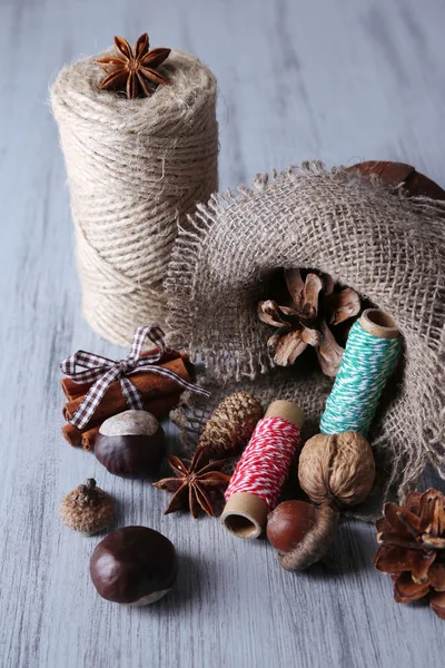 Composition avec bosse naturelle, fil, bâtons de cannelle sur fond en bois — Photo