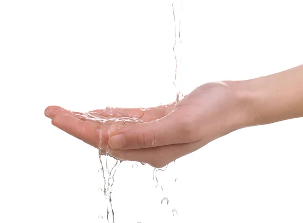 Menselijke hand met water spatten op hen geïsoleerd op wit — Stockfoto