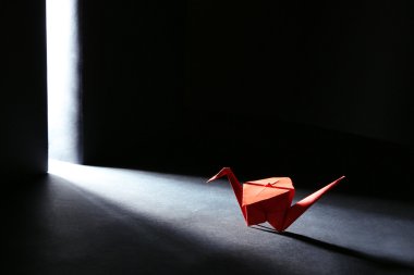 ışık ile karanlık arka plan üzerinde Origami turna