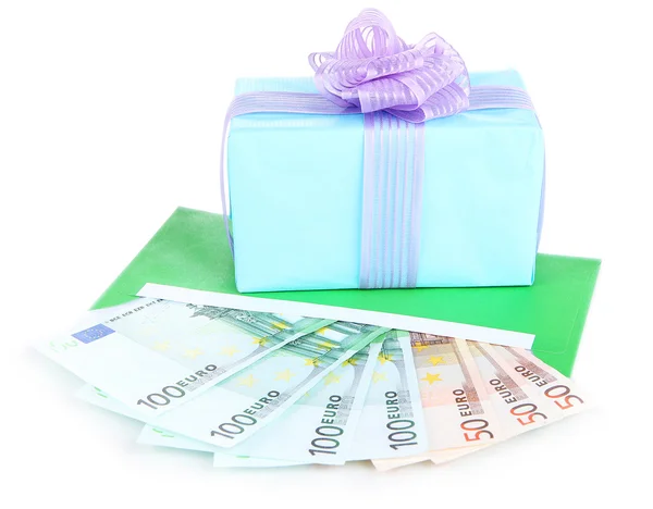 Gift box with money isolated on white — Stock Photo, Image