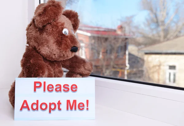 Toy-bear looking out window close-up — Stock Photo, Image