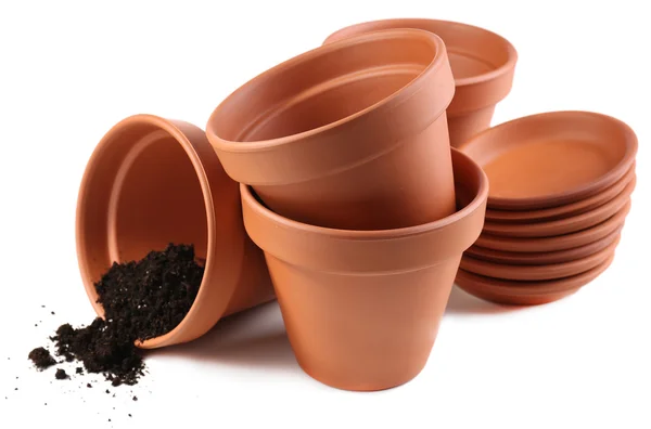 Clay flower pots and soil, isolated on white — Stock Photo, Image