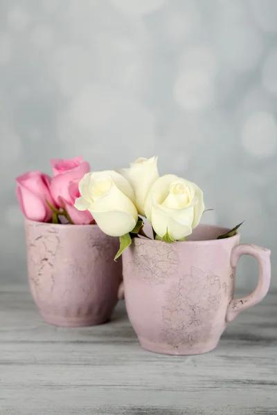 Schöne Rosen in Tassen auf hellem Hintergrund — Stockfoto