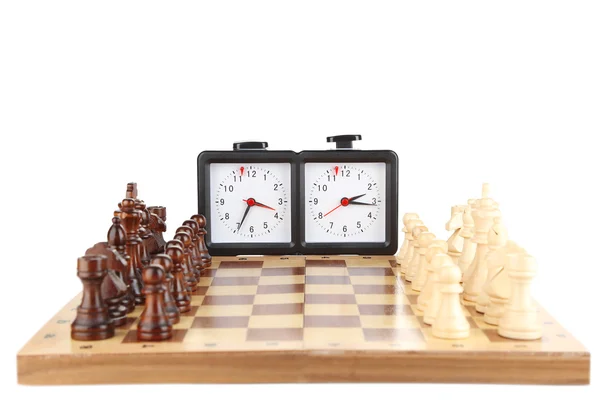 Quadro de xadrez com xadrez e relógio, isolado sobre branco — Fotografia de Stock