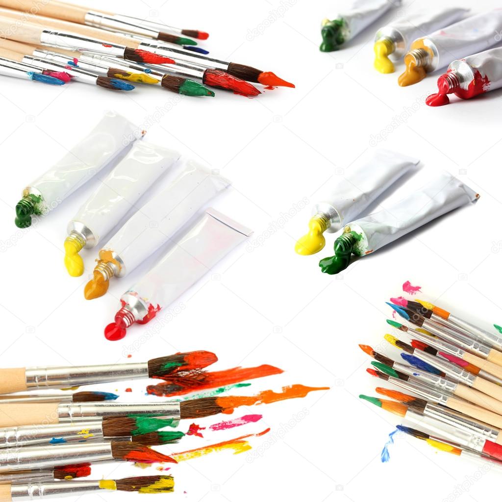 Collage of paint brushes with acrylic paint in tubes isolated on white