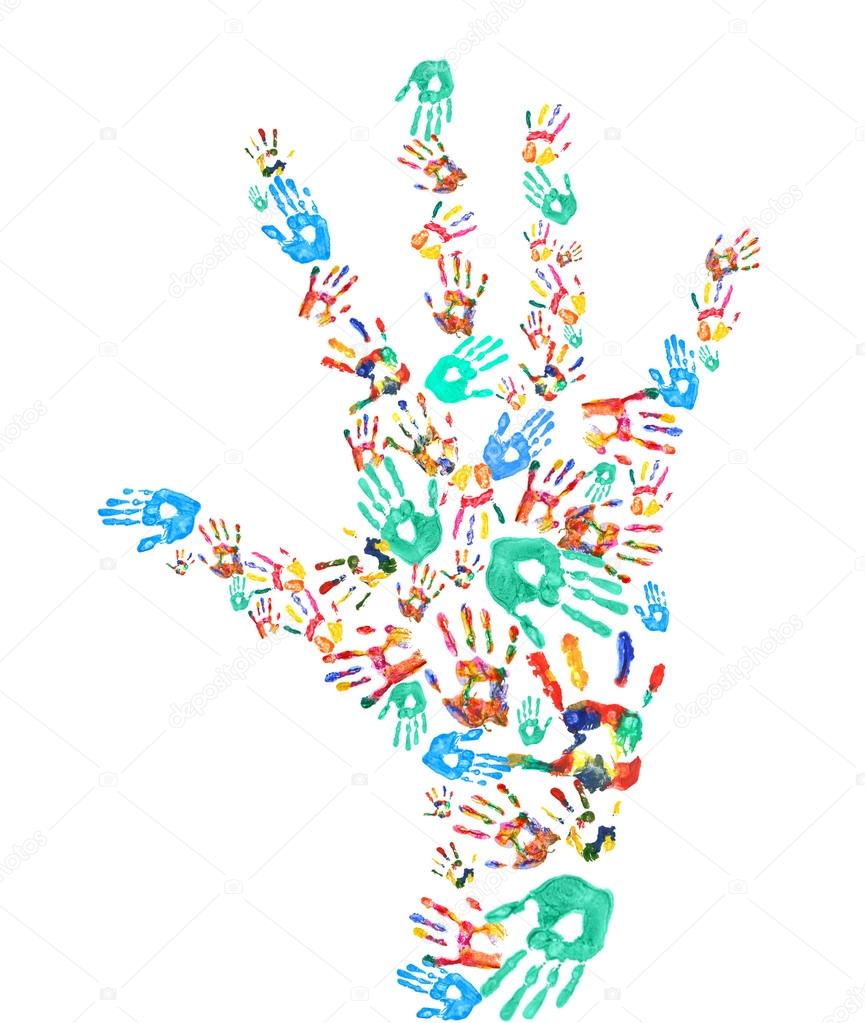 Impronte di mani colorate a forma di mano umana isolato su bianco — Foto di belchonock