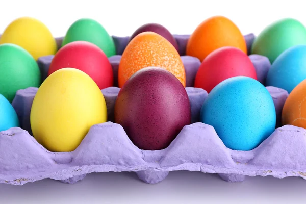 Colorful Easter eggs in tray close up — Stock Photo, Image