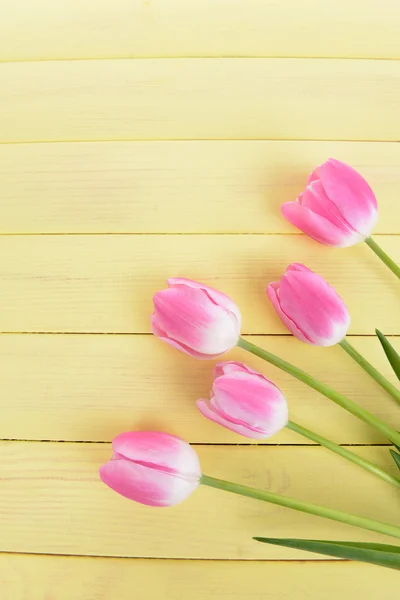 Schöne Tulpen im Eimer auf dem Tisch in Großaufnahme — Stockfoto