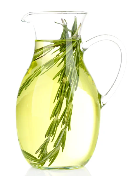 Essential Oil with rosemary in glass jug, isolated on white — Stock Photo, Image