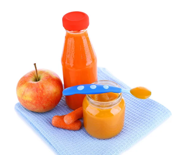 Baby food with carrot and apple in glass jars, isolated on white — Stock Photo, Image