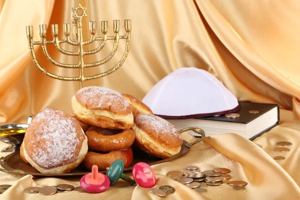 Festive composition for Hanukkah on cloth close-up — Stock Photo, Image