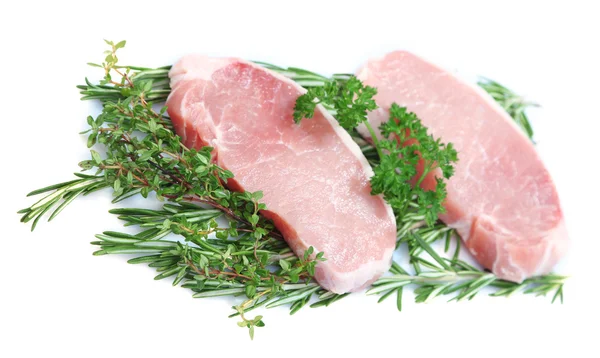 Raw meat steak with herbs isolated on white — Stock Photo, Image