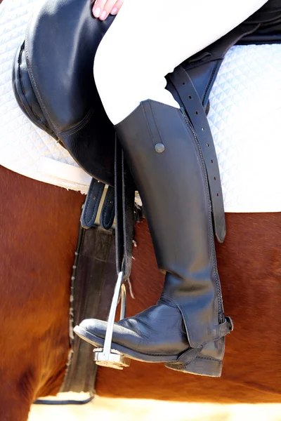 Beautiful girl in saddle riding horse, close up — Stock Photo, Image
